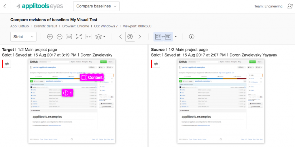 Applitools Baseline Comparison screenshot